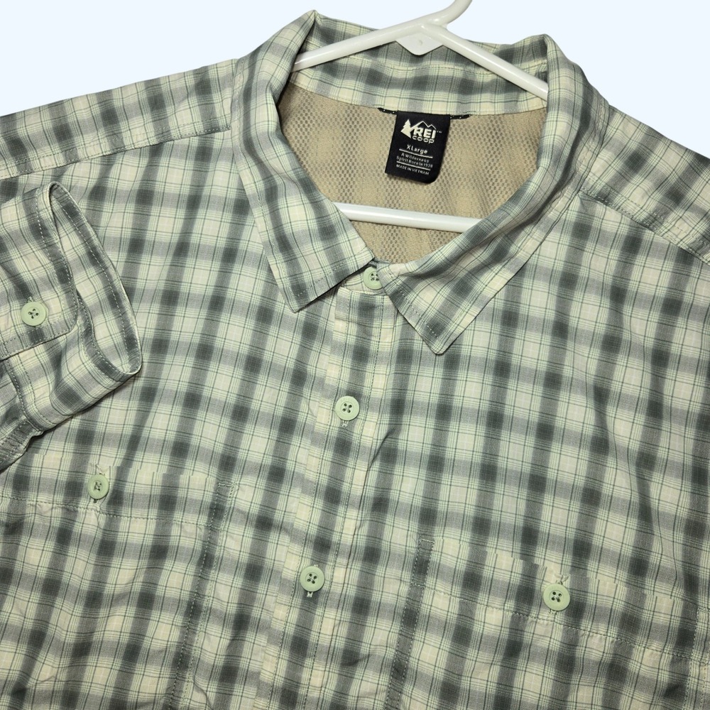 REI Co-op Sahara Mens XL Plaid Long Sleeve Hiking Shirt Grey Green 193093